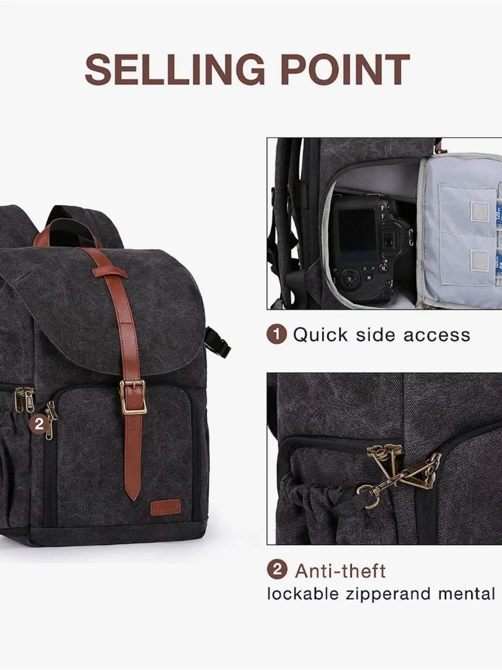 BagSmart Dark Gray Camera Backpack with Brown Accent